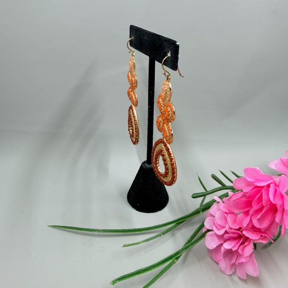 Stella & Dot Signed Orange Floral Drop Earrings with Red Teardrop Accents - Picture 3 of 6